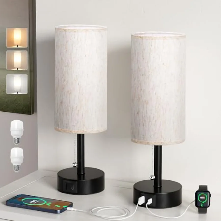 

USB Bedside Table Lamps Set of 2-3 Color Temperatures Pull Chain Lamp with USB C and A Charging Ports, Round Night Stand Lamps