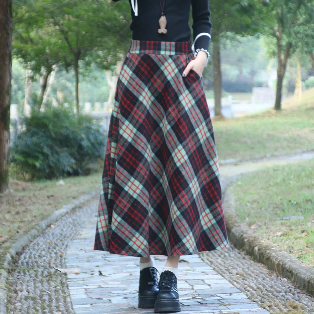 TIYIHAILEY-Women's Long Mid-Calf Woolen Skirt With Pockets, Elastic High Waist, Ladies Skirts Plaid,Winter Thick A-line 2024