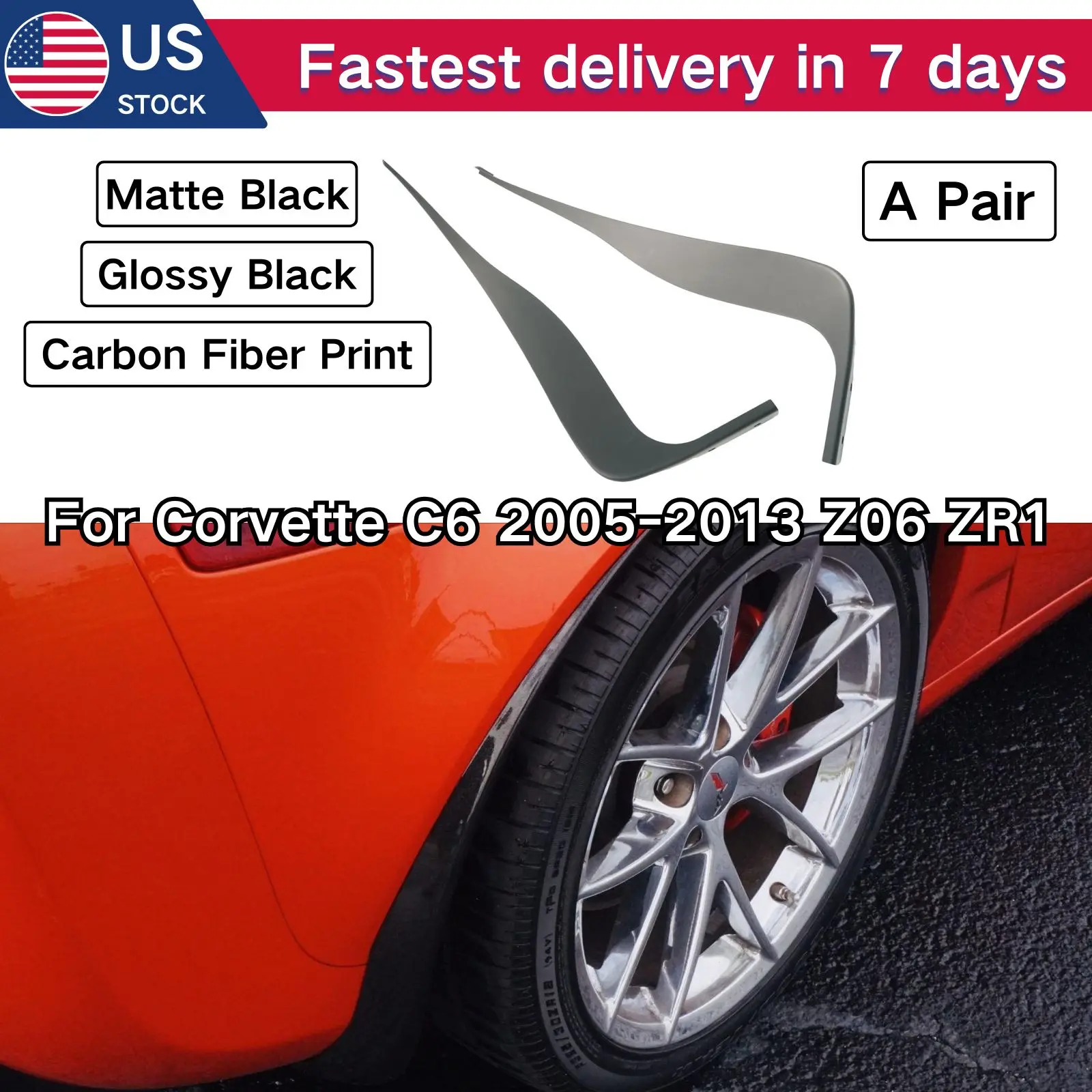 For Corvette C6 2005-2013 Z06 ZR1 Rear Splash Guards A Pair Glossy Black Carbon Fiber Print Mud Flaps Guards Body Kit Plastic