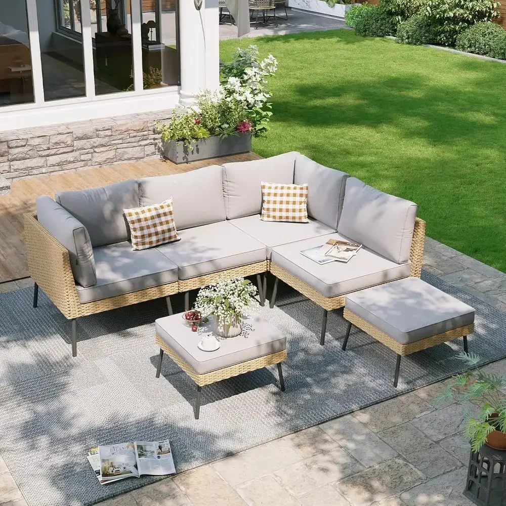 

6-Piece Outdoor Wicker Furniture Set with Cushions, Light Grey, for Patio, Poolside or Backyard