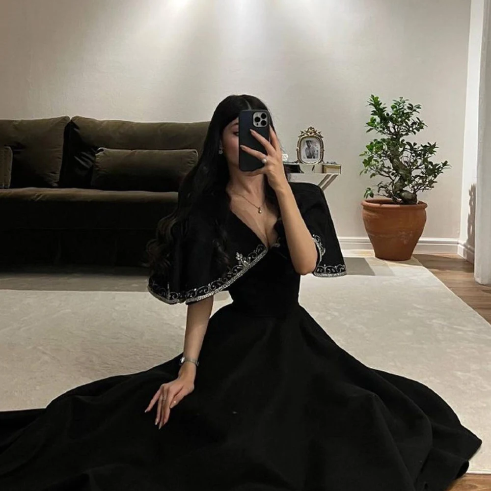 Customized Yipeisha Vintage Black Jersey Evening Dresses V-neck Sexy Backless Squined A-line Ankle Length Formal Gala Pageant Go