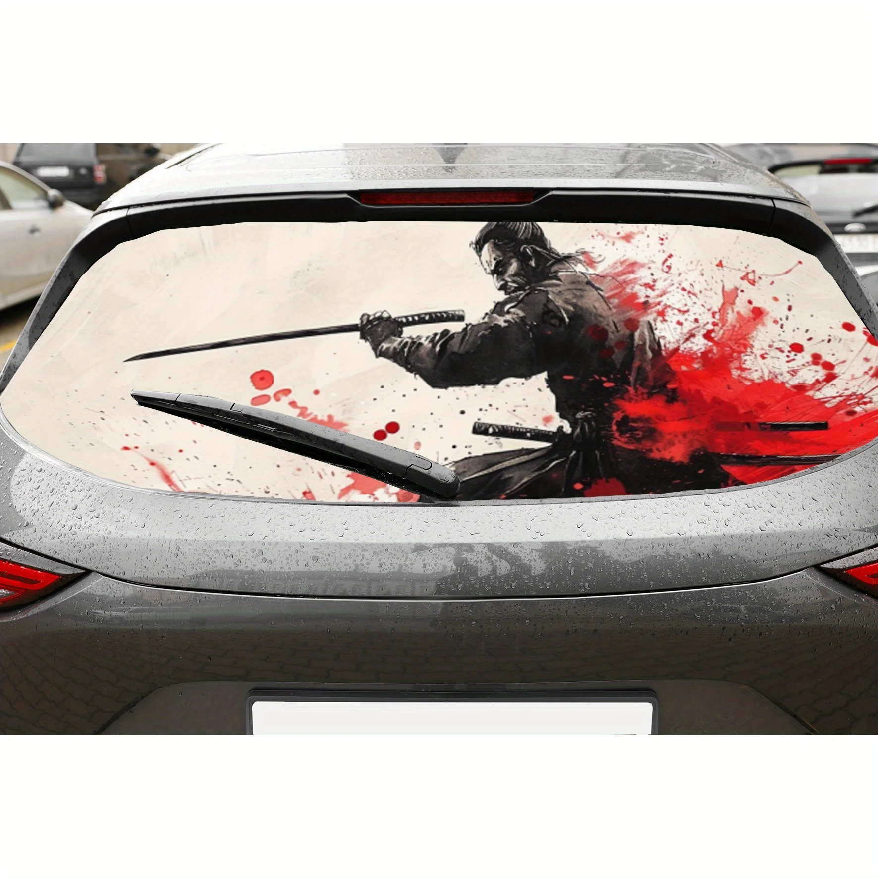 

Japanese Samurai Sword Dance PVC Perforated Car Vinyl Wraps, Durable Car Rear Windshield Sticker, Waterproof Car Rear Window Dec