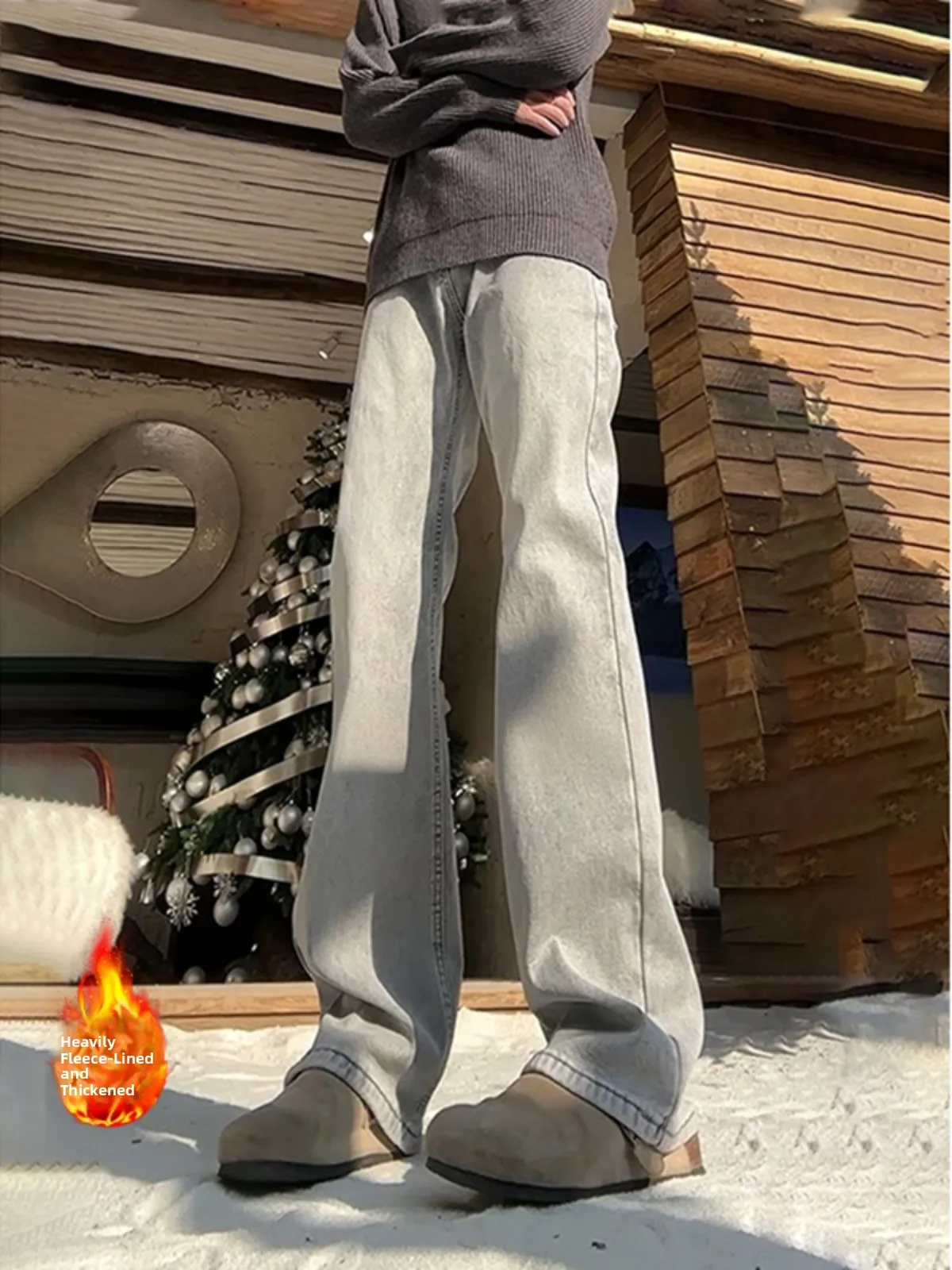 

Men's Fce Lined Straight Leg Jeans Winter Warm Slimming Anti-Cold Bootcut Pants American High Street Sle Youth Faion