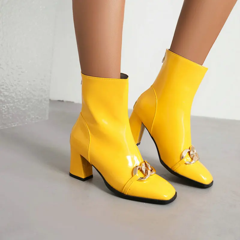 Patent Leather Yellow Red Mature Ladies Winter Warm Shoes Thigh Heels Extra Big Size 50 51 52 Women Ankle Boots With Metal Chain