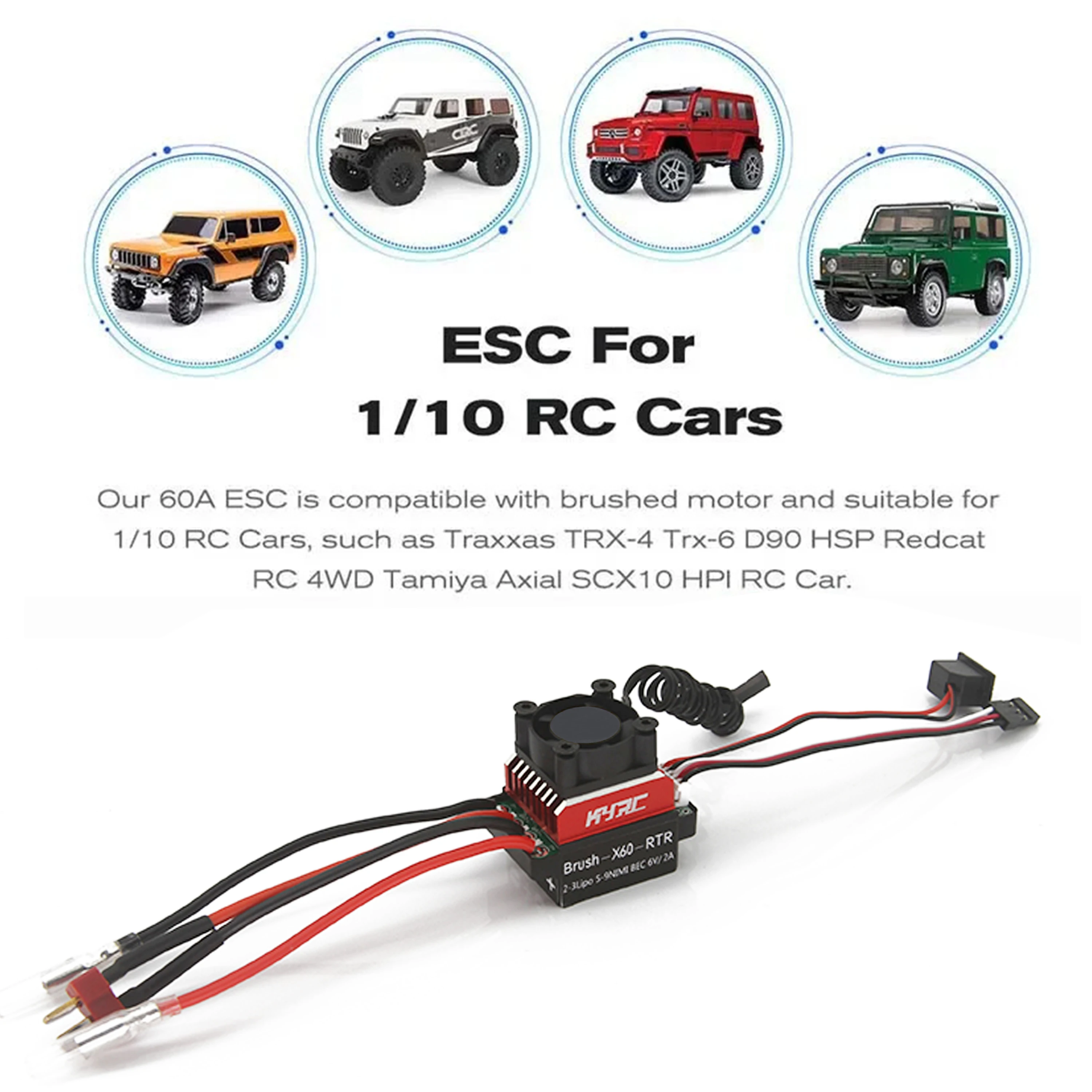 NEEBRC 60A Brushed ESC Speed Controller with ESC 25mm Cooling Fan for 1/10 RC Car 540 550 Motor Traxxas D90 Redcat Axial Scx10