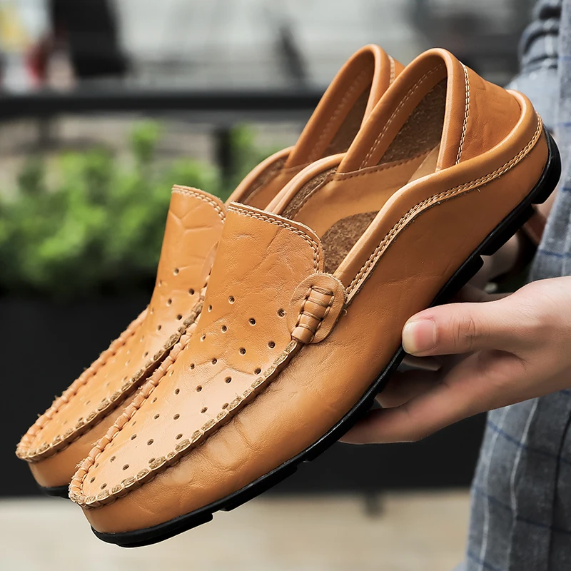Men's Driving Shoes Large Size Loafers Hollow out Casual Bean Bean Shoes Leather Slip-On Footwear for Men