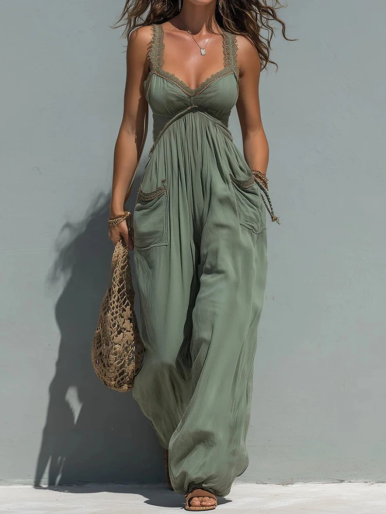 Sleeveless Spaghetti Strap Jumpsuit Women's Summer Solid Patchwork Chic Playsuit Holiday Fashion Simple Backless Bodysuit 2026