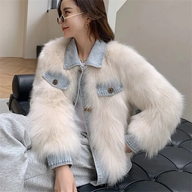 

2023 Autumn and Winter New Haining Winter New Fox Fur Denim Splicing Coat Thickened Korean Short Young Hairy Female Solid Color