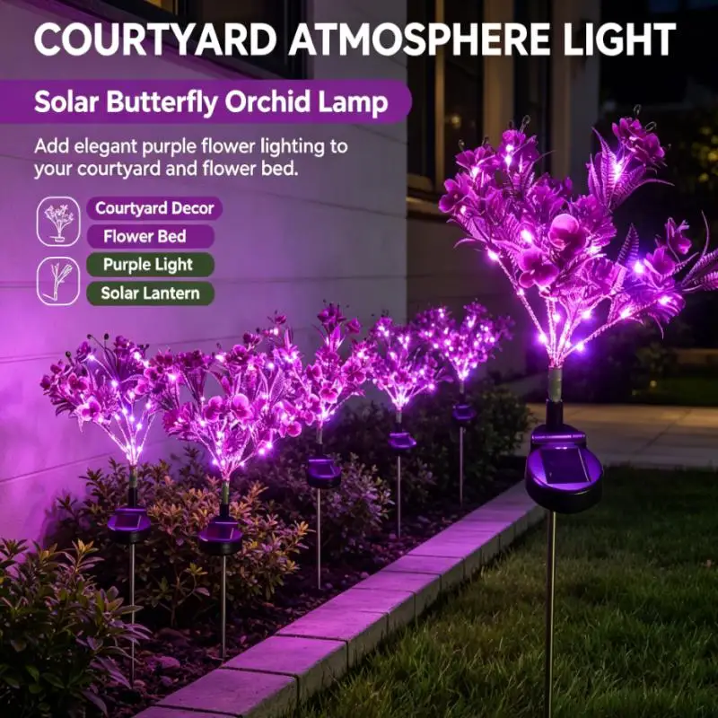 Outdoor Solar Butterfly Orchid Lights Purple Flower Branch Stakes for Garden Lawn Corridor Yard Landscape Decorative Lighting