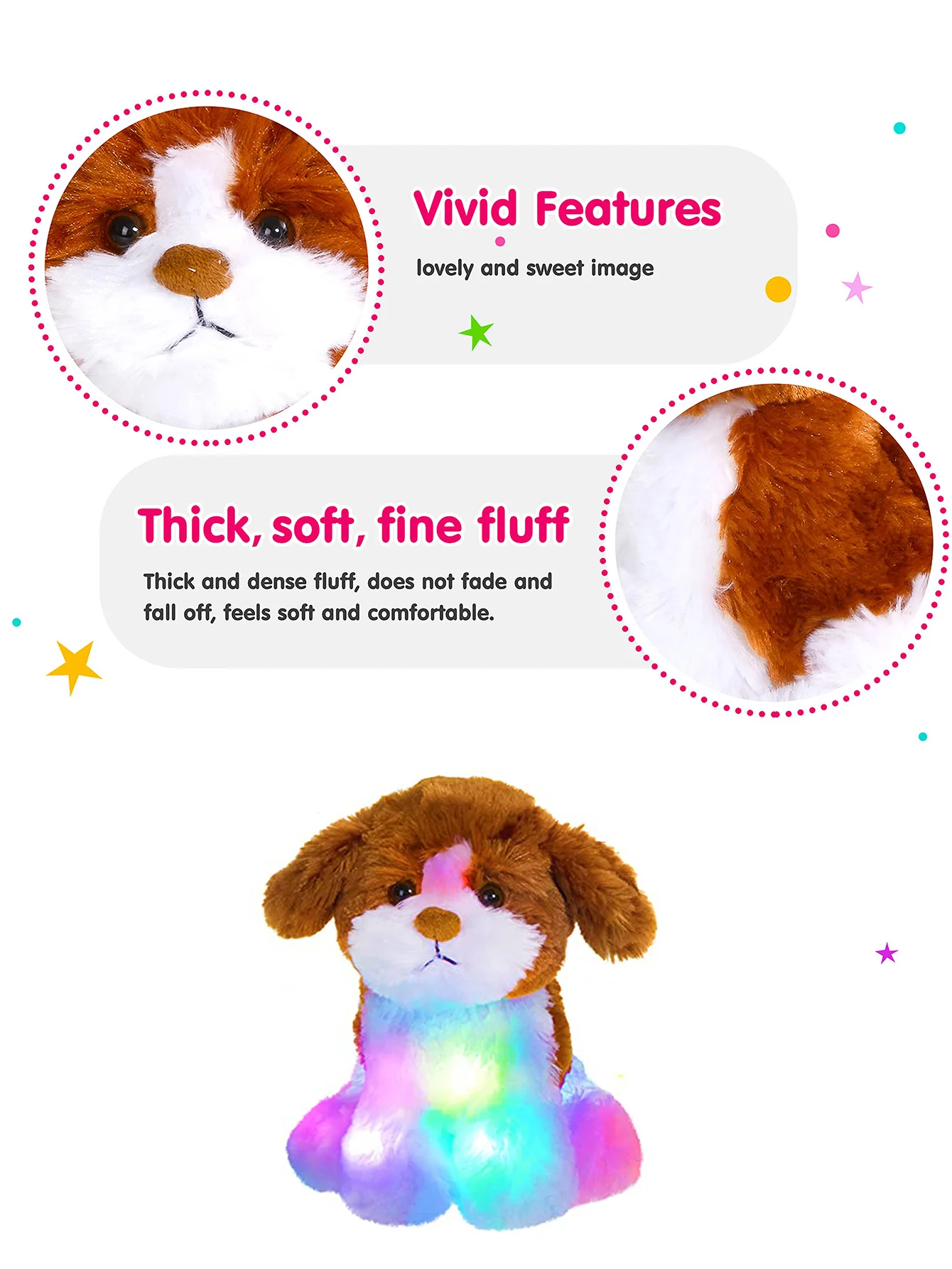 ตุ๊กตาหนานุ่มแบบนุ่มสำหรับสุนัขยัดไส้ด้วยไฟ LED ตุ๊กตามือรูปสัตว์เรืองแสงสำหรับสุนัขของขวัญวันเกิดวันคริสต์มาสสำหรับเด็ก