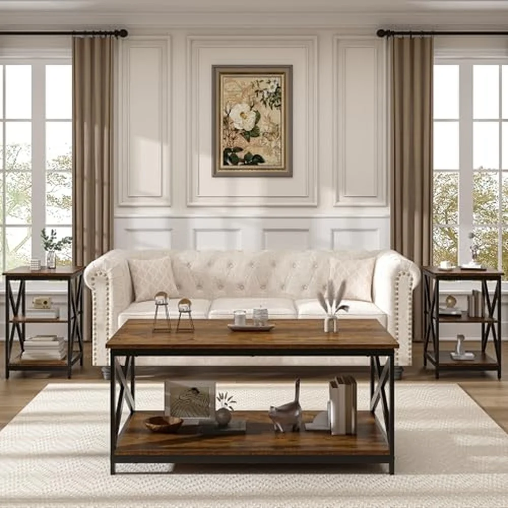 Living Room Coffee Table Set of 3 Industrial X Design Coffee Table and 2 End Side Tables 3 Piece Living Room Table Set