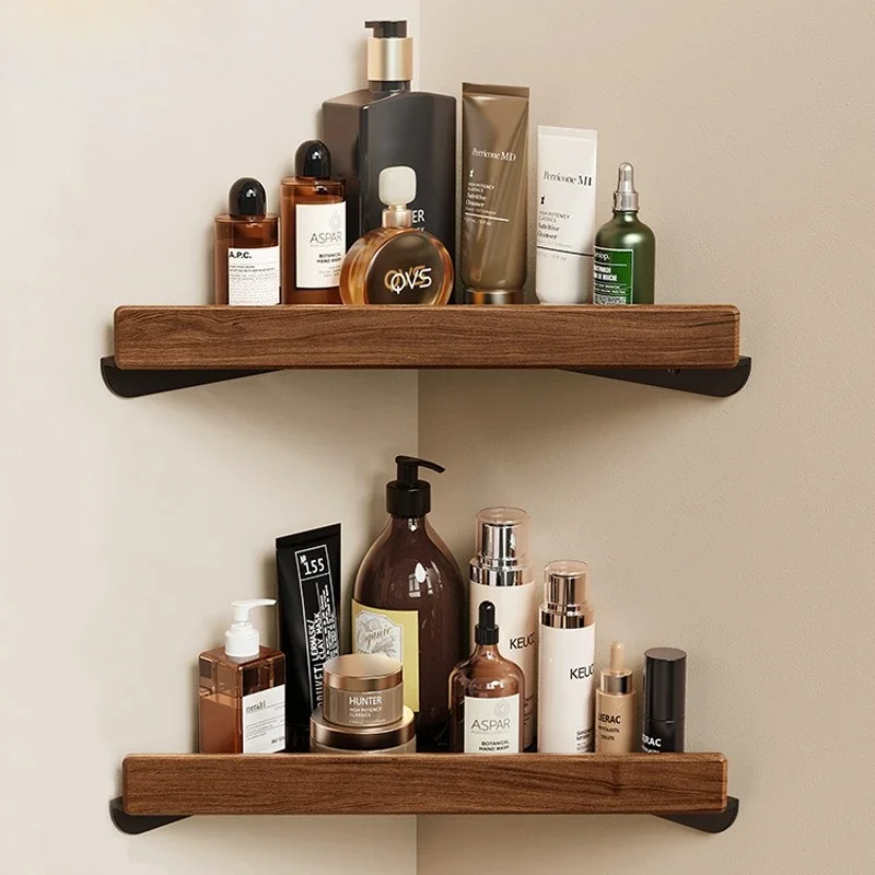 Wooden corner shelf, bathroom drain triangular basket, no punching, light luxury solid wood toilet, double-layer storage Shelves