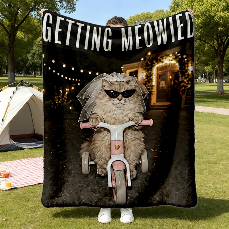 Getting Meowied Cozy Blanket, Funny Bride Cat Graphic Warm Blanket, Wedding Soft Blanket