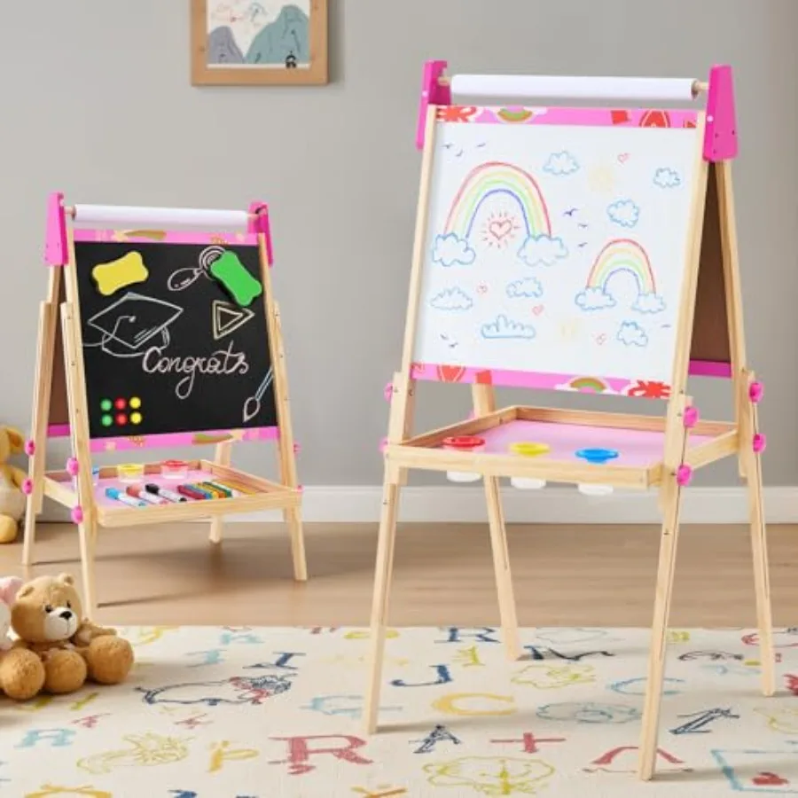 

Easel Set with Paper Roll Adjustable Height Wooden Double-Sided Magnetic Chalkboard and Whiteboard Art Station for Ages 3+ Dry