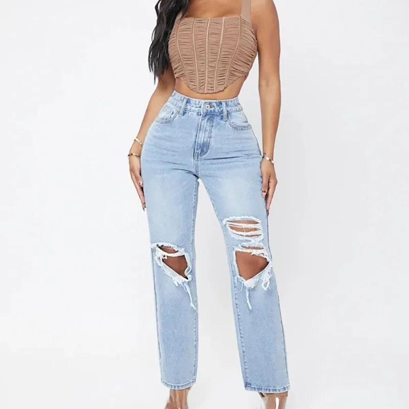 Women Mom Jeans Pant Long Pants Hollow Out Blue Elegant High Waist Pencil Elegant Wide Leg Streetwear Y2k Denim Trousers 2024