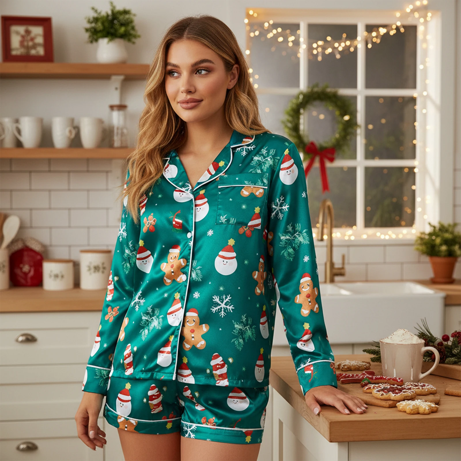 

Женский атласный рождественский пижамный комплект из двух предметов, топы на пуговицах с длинными рукавами и шорты с эластичной резинкой на талии, летняя осенняя одежда для сна