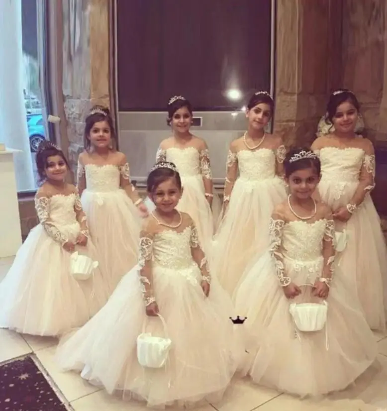 Champagne Little Girls Bridesmaid Dress Flower Girl Dresses Ball Gown Kids TUTU Lace Wedding Party Pageant First Communion Gown