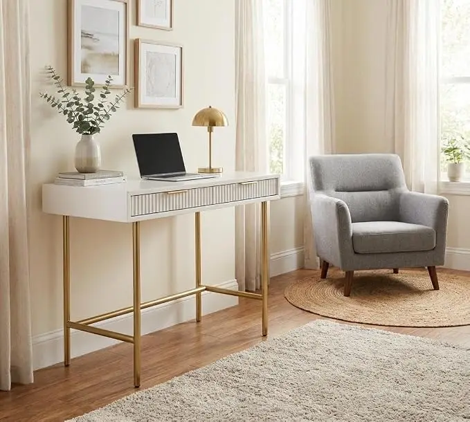 Scrivania moderna e compatta con 2 cassetti bianchi - Struttura in metallo robusta, facile da pulire - Tavolo da studio per ufficio domestico o camera