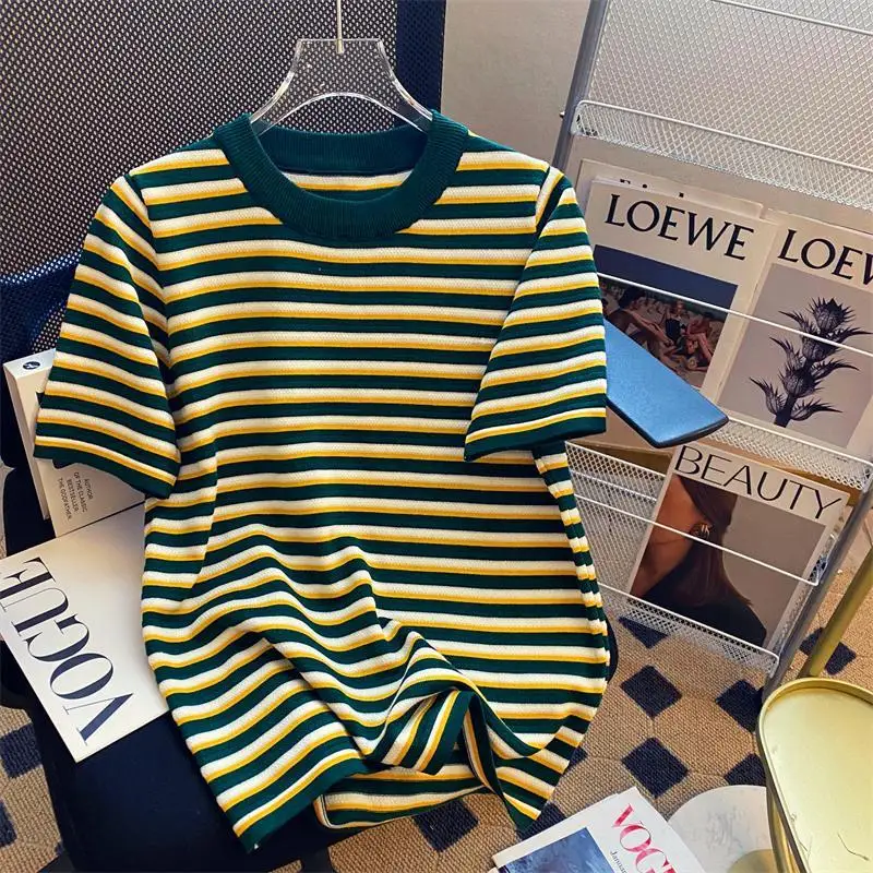 

Men's Clothing Summer Loose Vintage Contrast Striped Tee Casual Round Neck Versatile Short Sleeve Top Retro Streetwear Trendy
