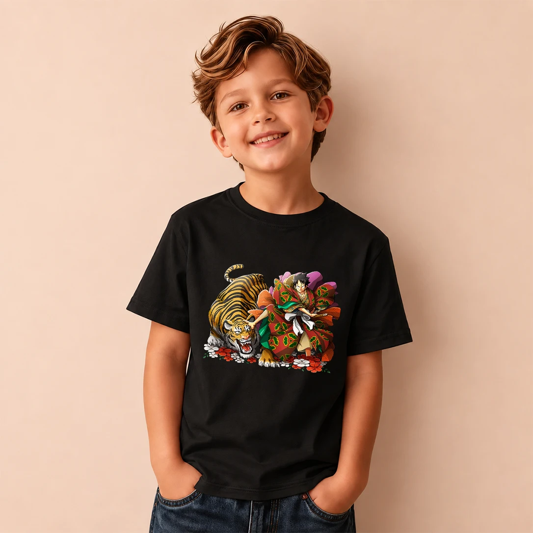 Kids T‑Shirt One Piece Monkey D Luffy Wano Country Tiger Print Short Sleeve Casual Tops Boys Girls Anime Children Daily Wear Tee