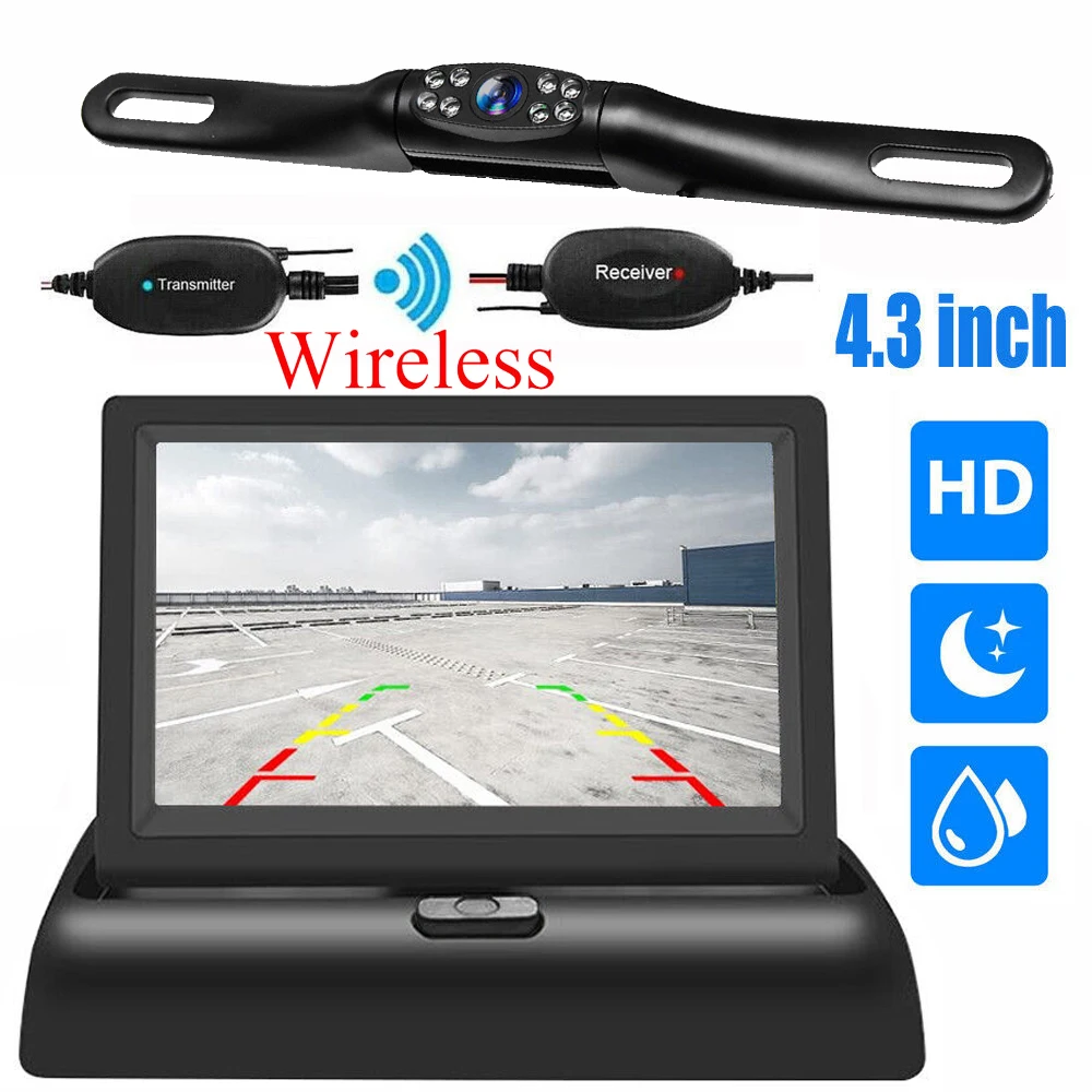 

Wireless Foldable Car Monitor 4.3-inch TFT LCD HD Parking Monitor Night Vision With Reverse Camera for Car MPV RV SUV Parking