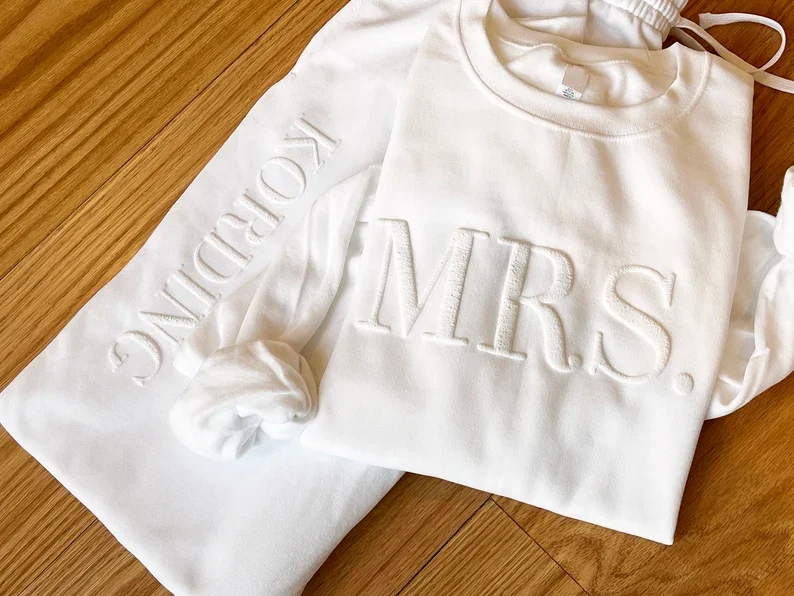 Personalized Embossed Bridal Gift Set Honeymoon Outfit New Mrs. Joggers Bride Sweatpants Wedding Day Custom Name Couple Sweater