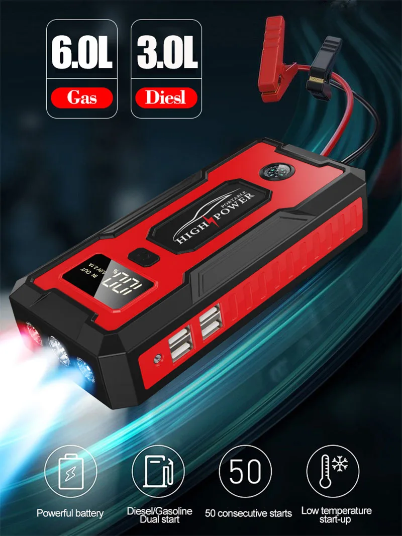Car Jump Starter, Portable 12V Air Pump Tire Inflator with Power Bank and LED Light