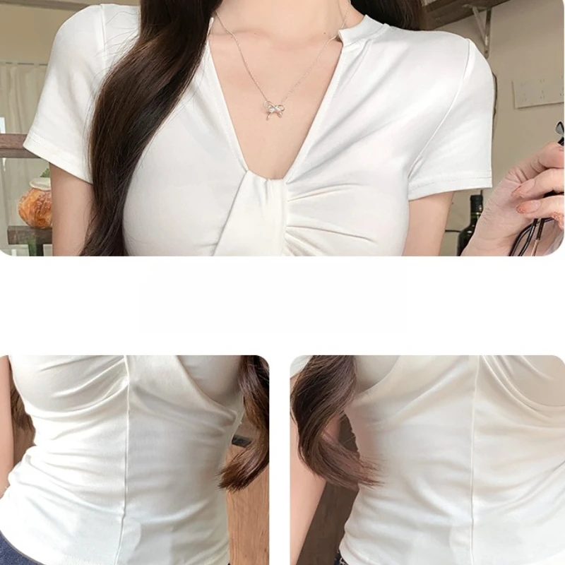 Off Shoulder Short Sleeve Women T-shirt 2026 Spring Summer New V-neck Twist Solid Color Slim Fit Tees Top