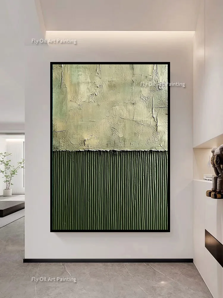 Hand Painted Two-Tone Green Impasto Painting, Stripe Texture Abstract Canvas Art, Wabi-Sabi Entryway Wall Decor
