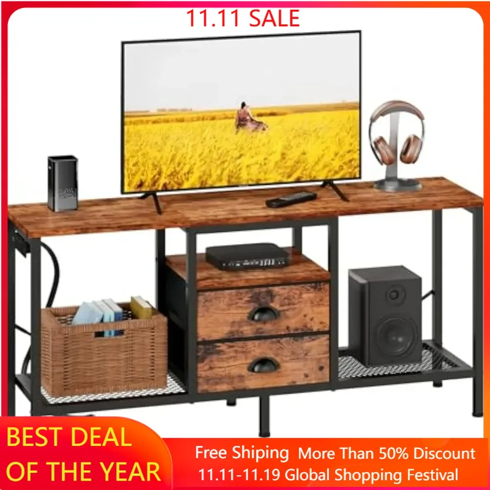 

TV Stand, Power Outlets and 2 Fabric Drawers, Small Entertainment Center with Open Storage Shelves, Simple TV Console Table