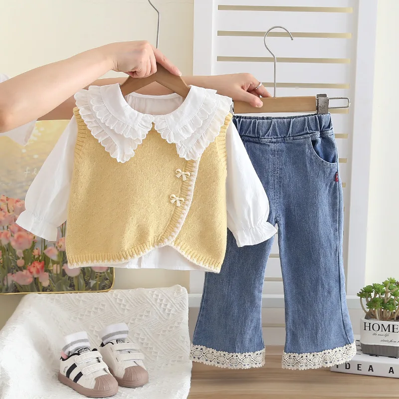ZOETOPKID Fall Toddler Baby Girls' Clothes Outfits Sets Shirt+Knitted Tank Top+Jean Suits for Kids Girls' Clothing Sets