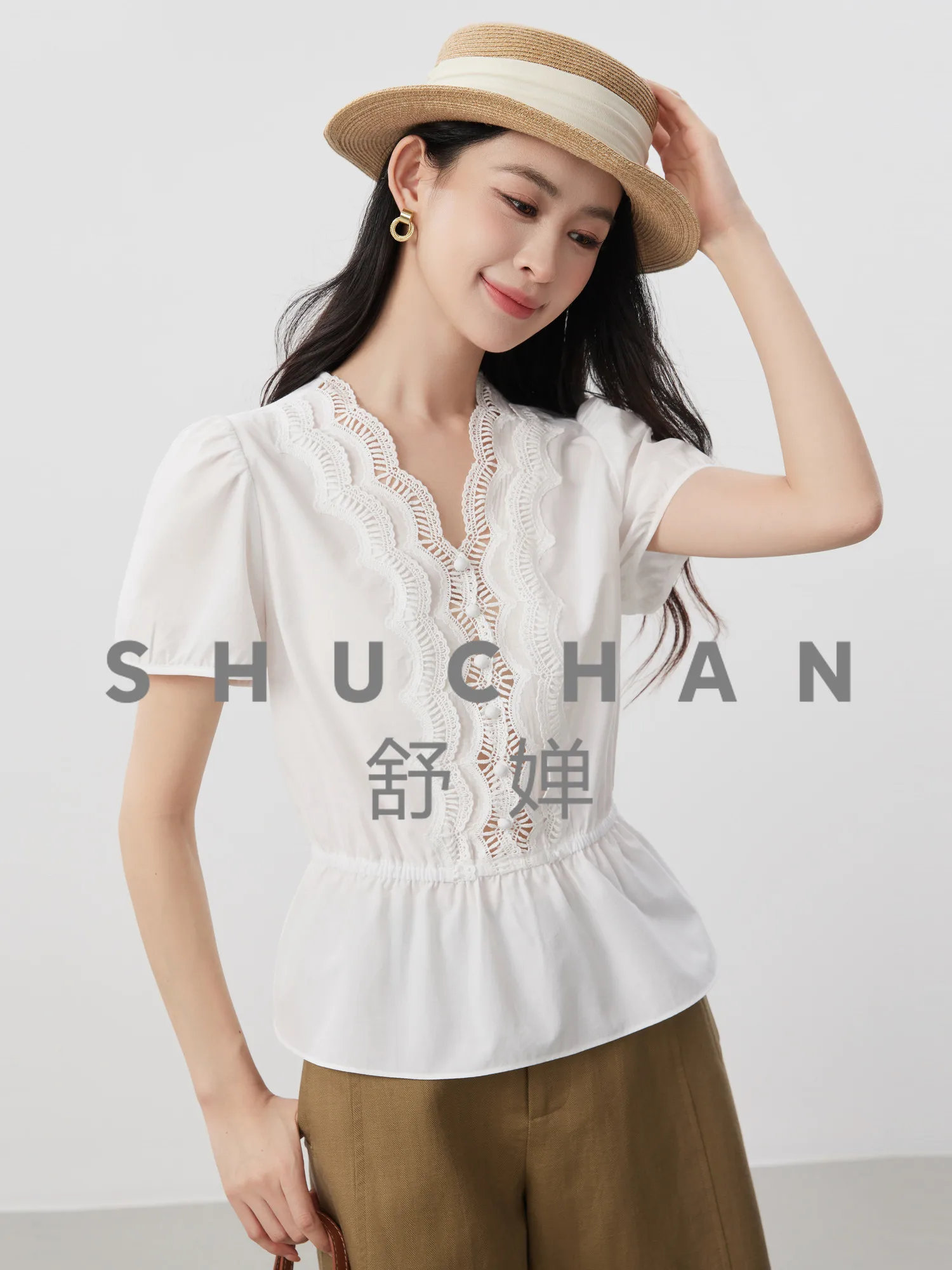 

French Lace Splicing Hollow Embroidered V-neck Waist Bubble Sleeve Shirt blusas de verano mujer 2026