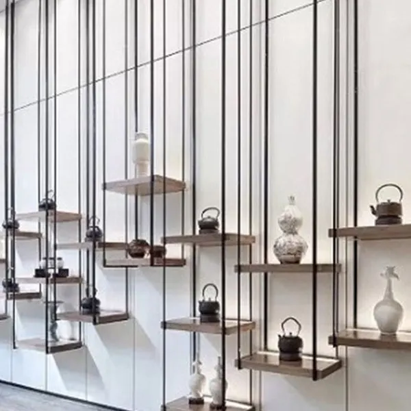 Chinese-style solid wood wall-mounted storage rack, tea set, Yixing clay teapot display rack, tea space decoration, iron ceiling