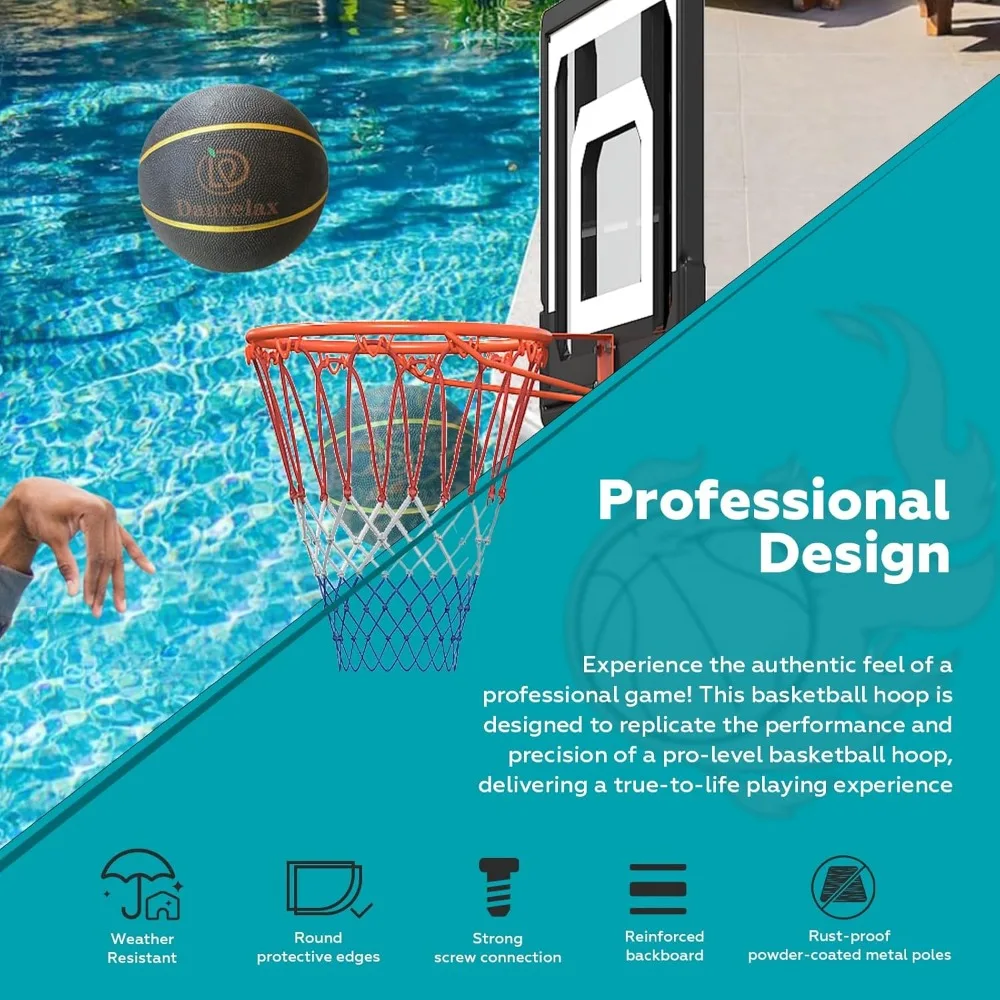 cesta de basquete de altura ajustável para piscinas, 3,9 a 6,9 pés, estrutura pe preta, base de água, bomba de ar e bola de borracha de 8 polegadas incluída