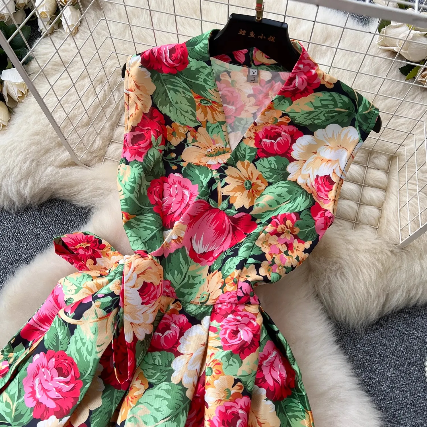 Vintage Floral Bandage Lace Up Wrap Dress Women's Sleeveless Cross V Neck Thick Stain Flower Print Pocket Boho Party Clothes