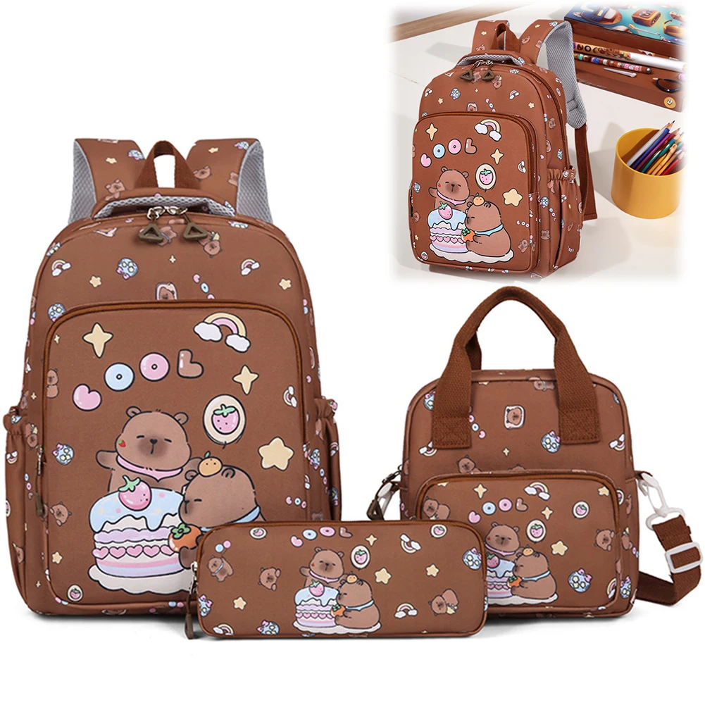 

Capybara School Backpack 3Pcs Set Elementary Travel Backpack with Lunch Bag and Pencil Case for Kid Child Teenage