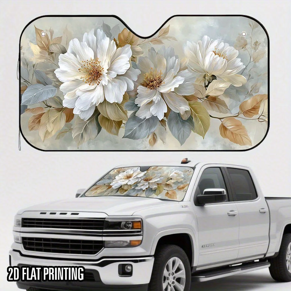 1pc 2D Flat Golden Leaf And White Flower Painting Scroll Design Car Sunshade – Keeps Your Vehicle Cool, Includes 4 Suction Cups,