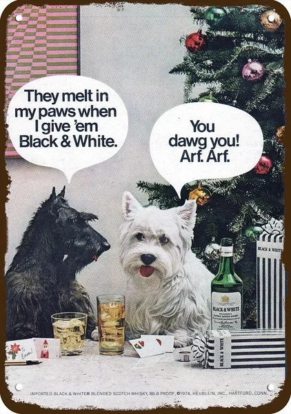 1974 Black & White Scotch Vintage Look Metal Sign Cute Scottish Terrier & Westie