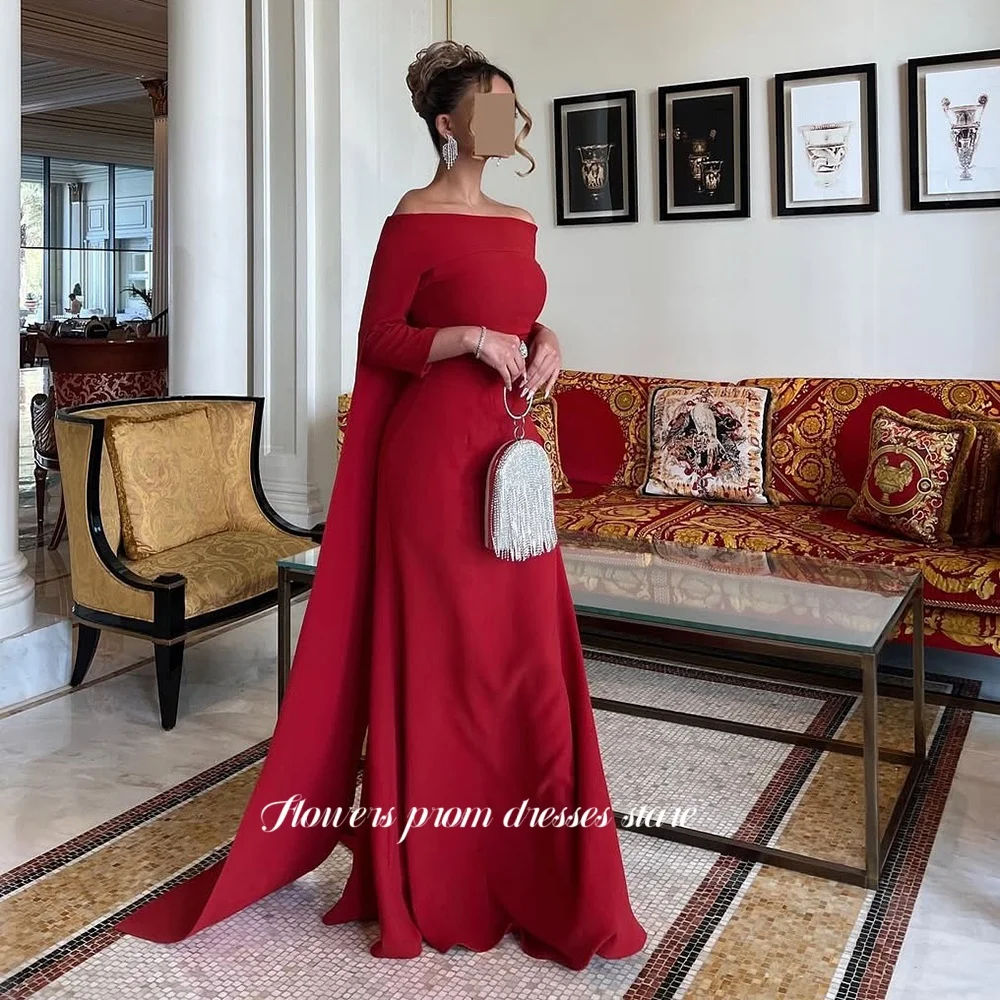 

Flowers Red Long Sleeve Evening Dress Off Shoulder Party Dress Prom Dress Mermaid Celebrity Dress for Arabic Women Customized