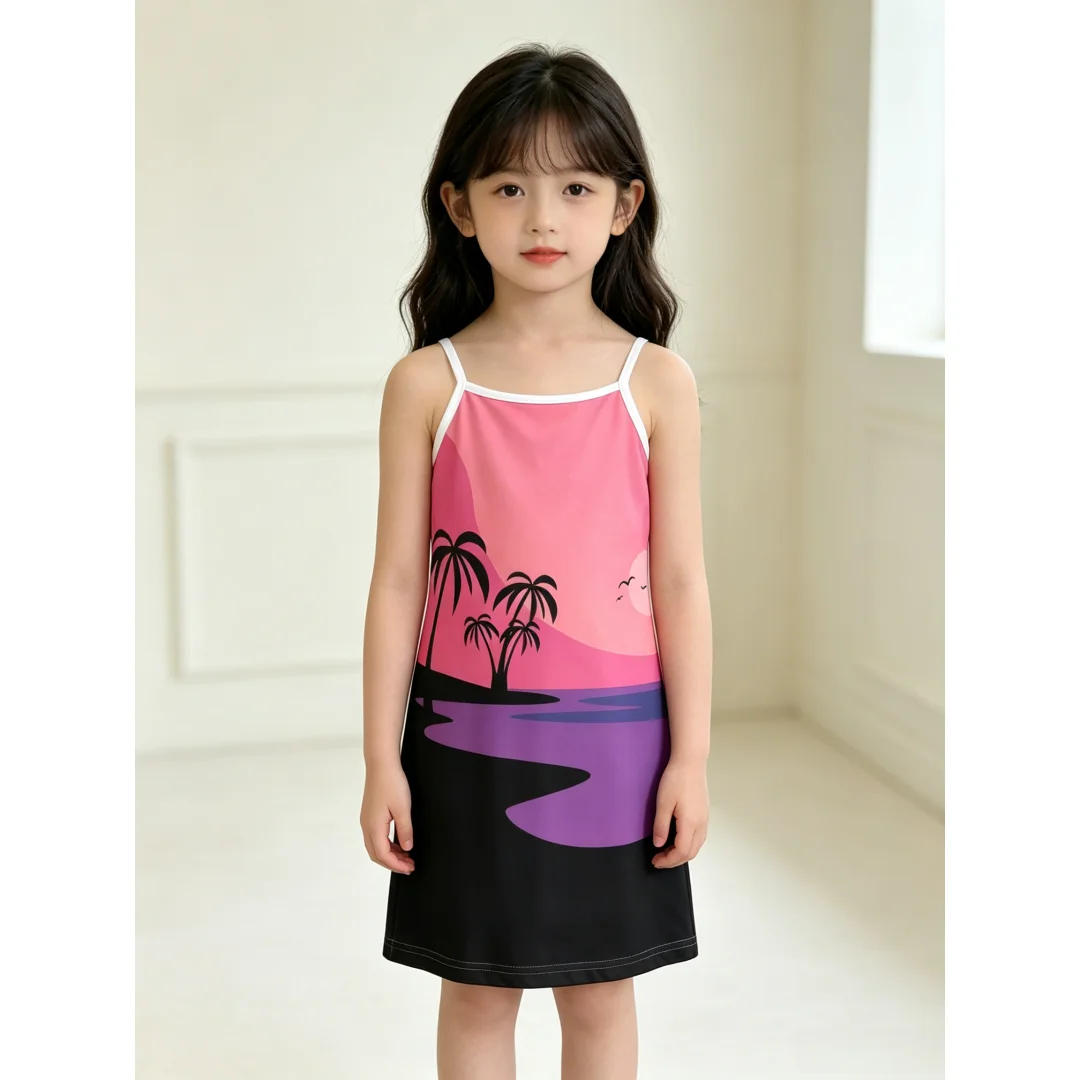 Pretty Young Girls Sleeveless Cami Tank Dress Tropical Sunset Palm Print Straight Outfit for Outdoor and Casual Summer Wear