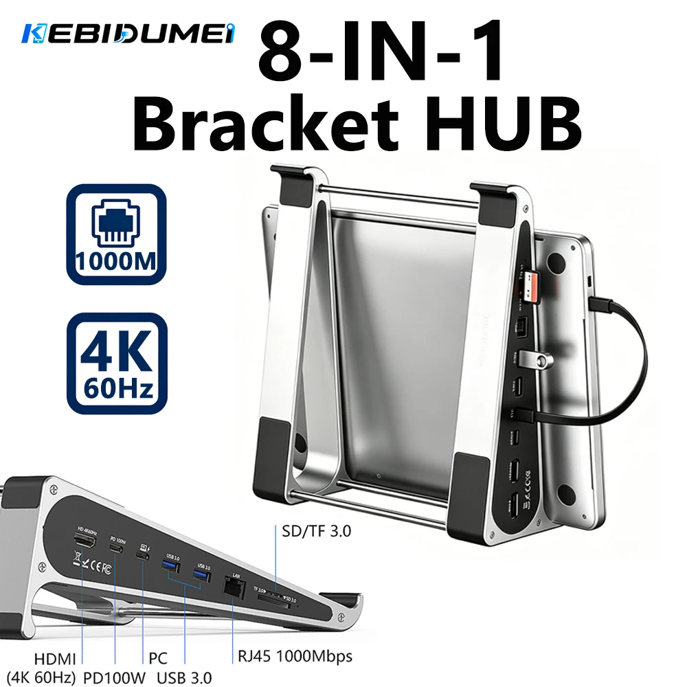 KEBIDUMEI 8-in-1 Laptop Docking Station Bracket USB3.0 4K60Hz Gigabit Ethernet PD 100W SD TF Card Stand Computer Accessories