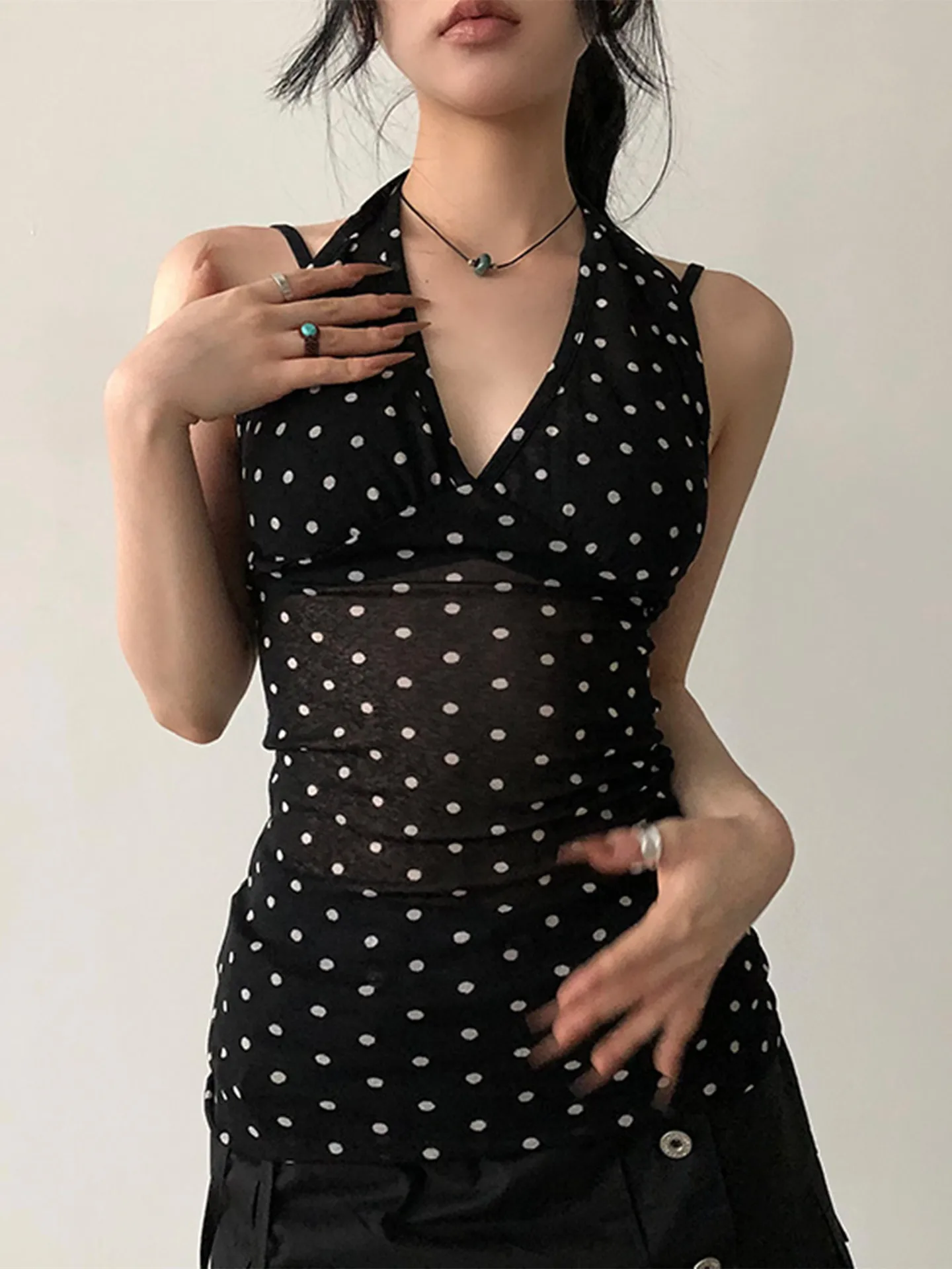 Hugcitar Polka Dot Print V Neck Backless Bandage Sexy Slim See Through Tank Top Summer Women Fashion Clothes Beach Vacation Club