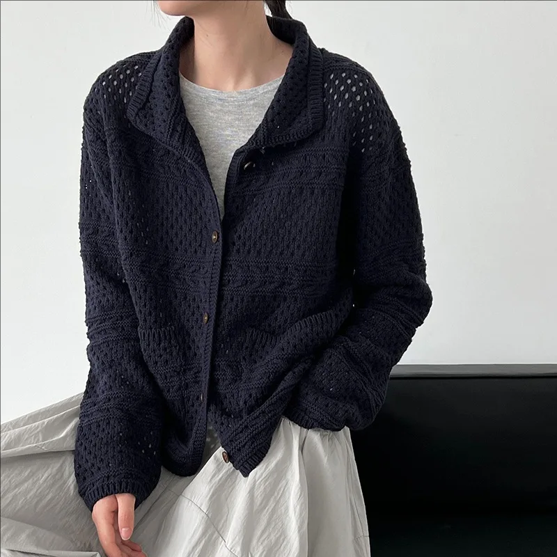 

Autumn new casual retro hollow knitted cardigan women's lapel long sleeve sweater coat