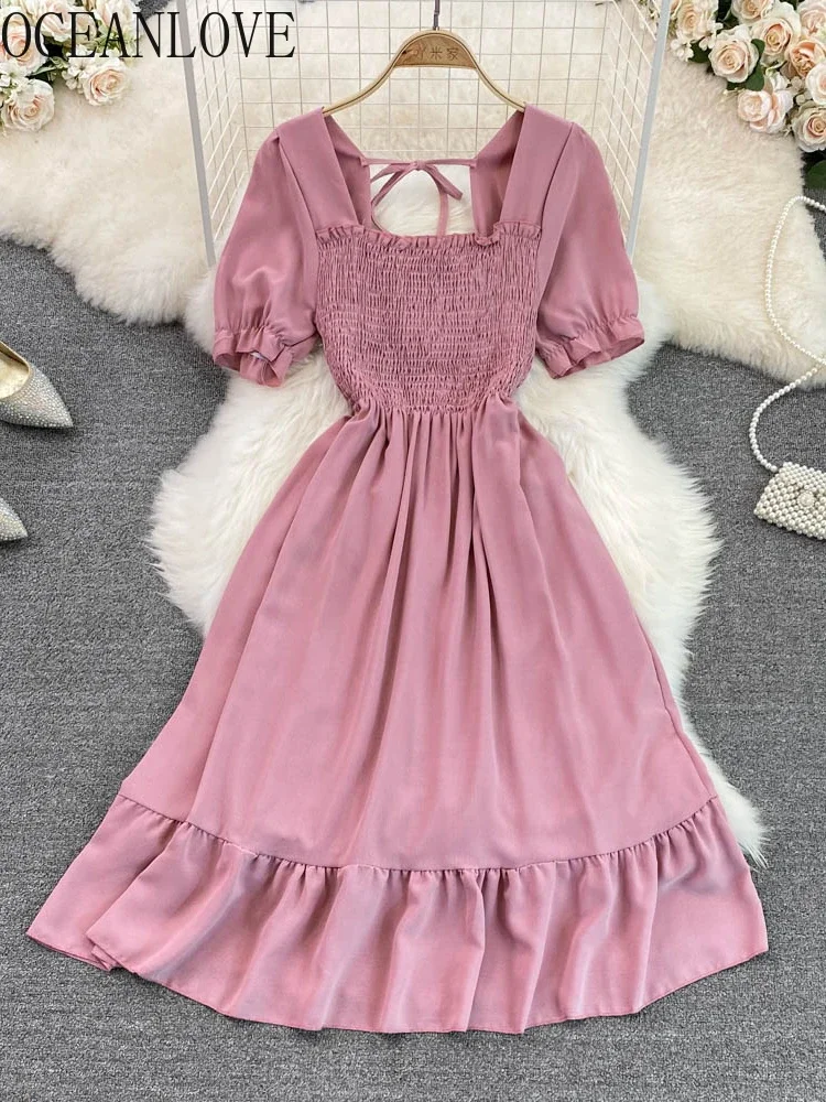 OCEANLOVE Square Neck Vestidos Solid Puff Sleeve A-line Summer Korean Fashion Robe Femme Ruffles Beach Style Women Dresses