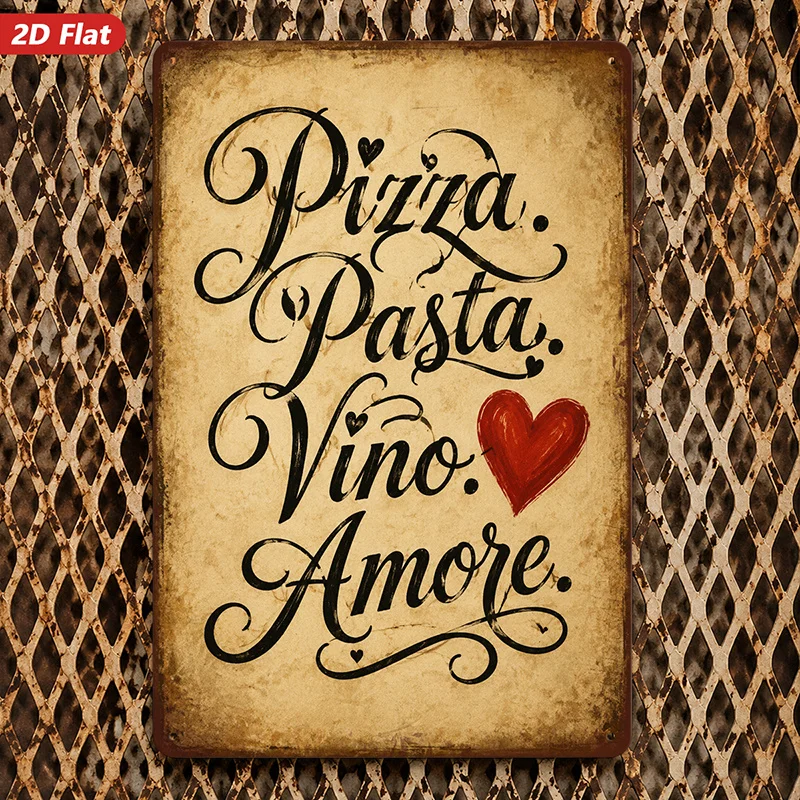 2D Flat, 1pc Metal Sign Wall Art, Pizza Pasta Vino Amore Decorative Wall Art, Italian - Inspired, Calligraphy - Style, Home D