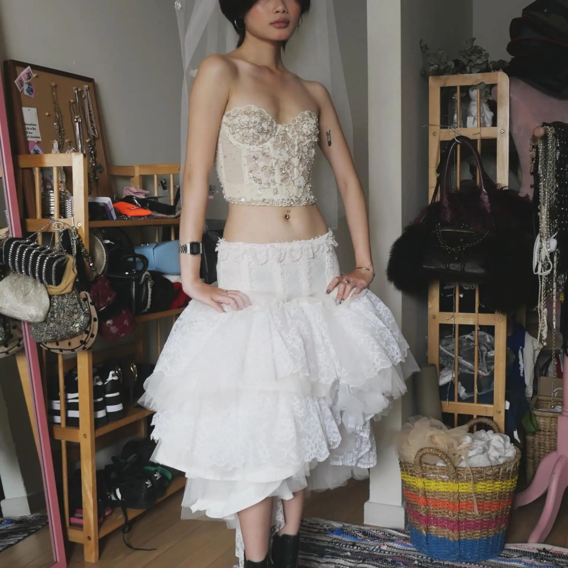 

Elegant White Lace High Waist A-Line Skirt with Layers - Wedding Party Evening Skirts, Summer Fashion, Cute Mini Skirt 2026 new