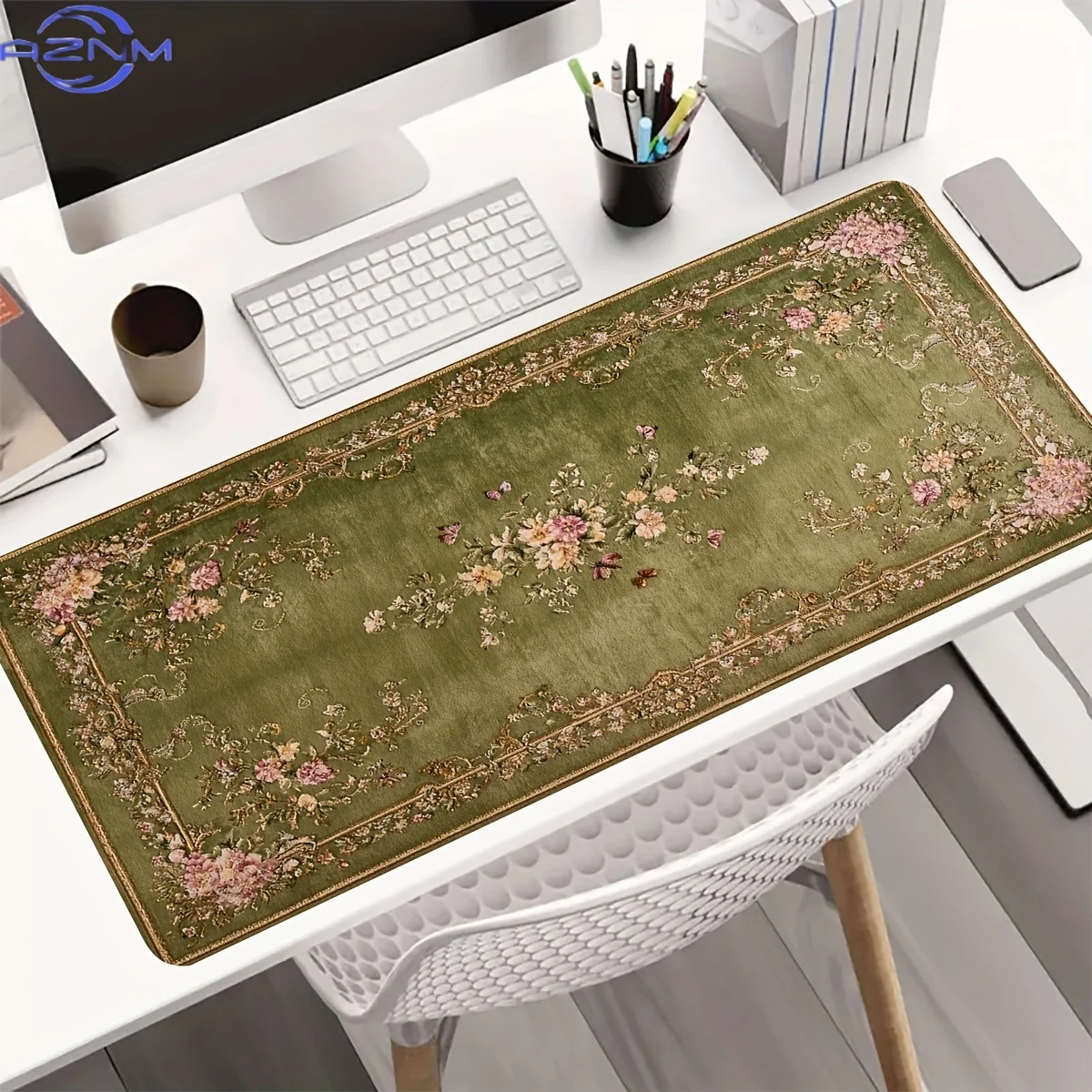 Large Durable Mouse Pad/Green Vintage Floral Design Keyboard Mat/Rubber Non-Slip Backing And Washable/Suitable for PC Keyboards,
