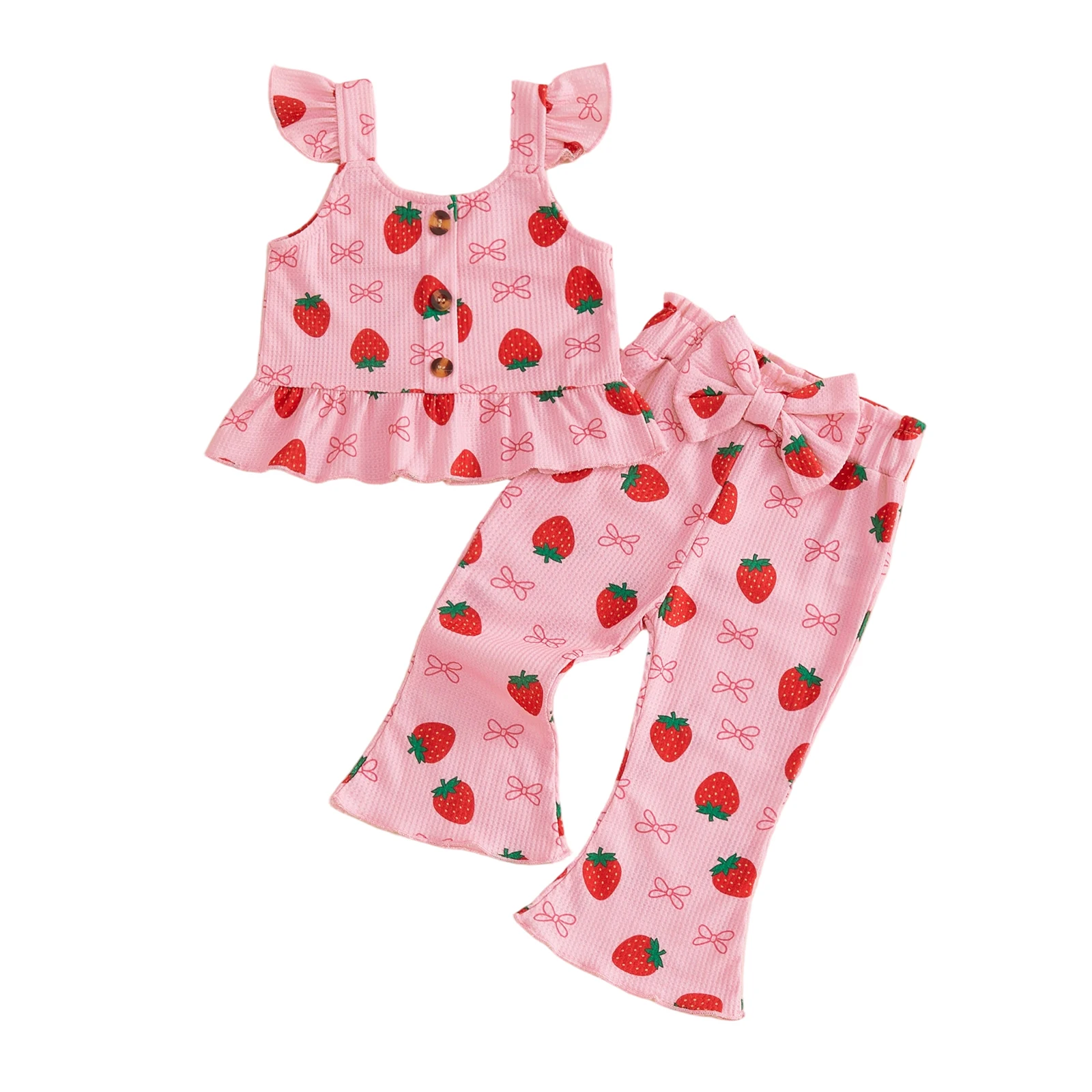 Toddler Baby Girl Summer Outfits Strawberry Bow Print Ruffled Hem Crew Neck Sleeveless Tops and Bell Bottoms 2 Pcs Set