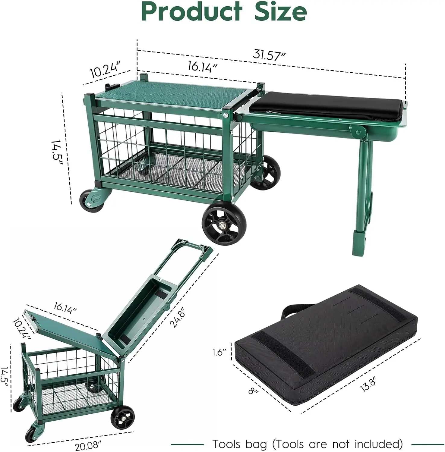 Rolling Metal Garden Cart with Seat, Heavy Duty Garden Work Seat, Gardening Wagon and Stool for Seniors, 360° Swivel Wheels, Storage Basket, Workbench, Tool Bag, Upgraded Design