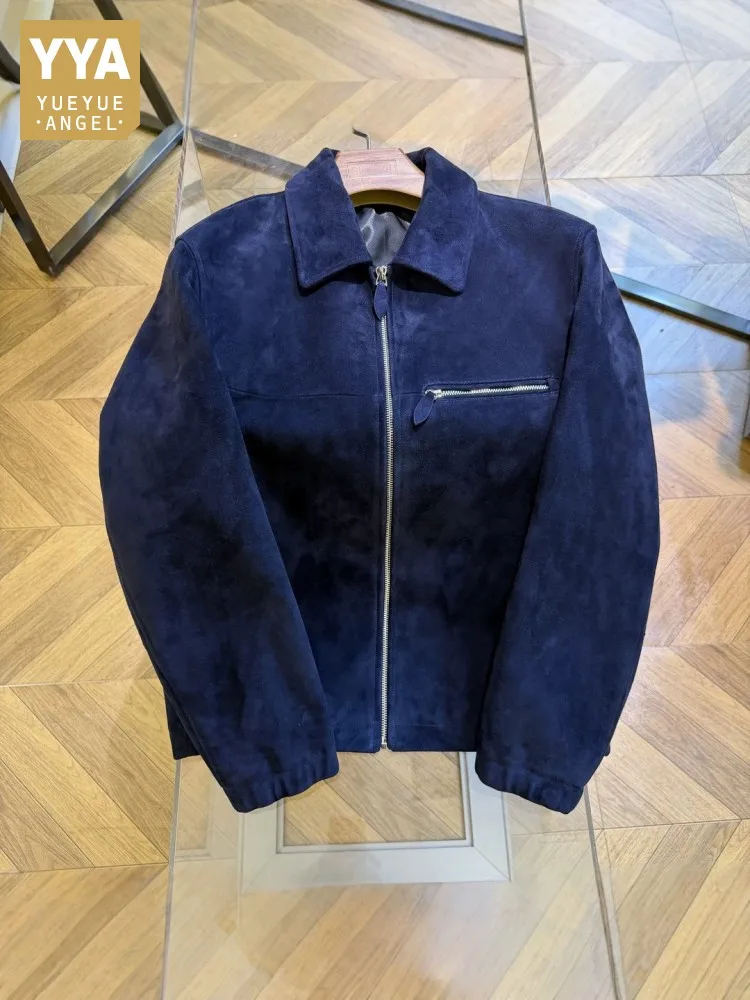 High Quality Mens Genuine Leather Jacket Autumn Vintage Suede Sheepskin Coat Zipper Turndown Collar Designer Casual Outerwear